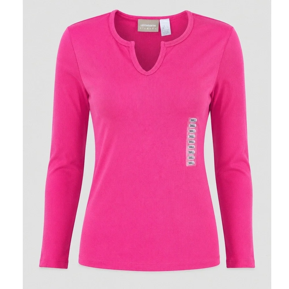 Vintage Y2K Liz Claiborne Lizwear Pink Rib Knit Long Sleeve Top Women Sm Stretch - Picture 1 of 10